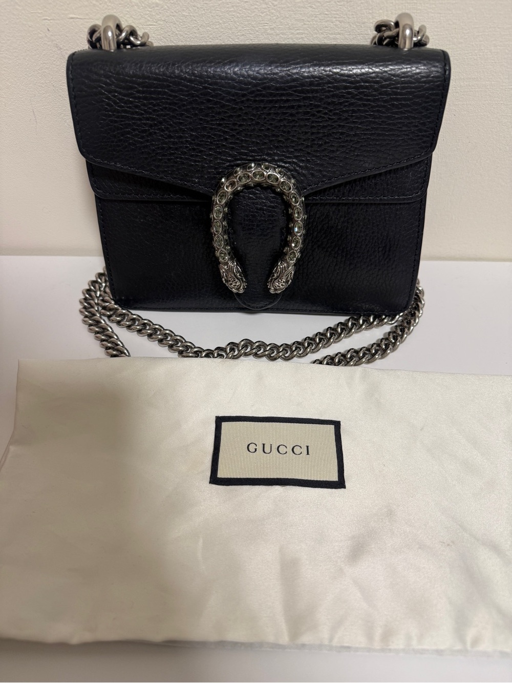 Gucci Black Leather Dionysus Crossbody with Silver-Tone Chain